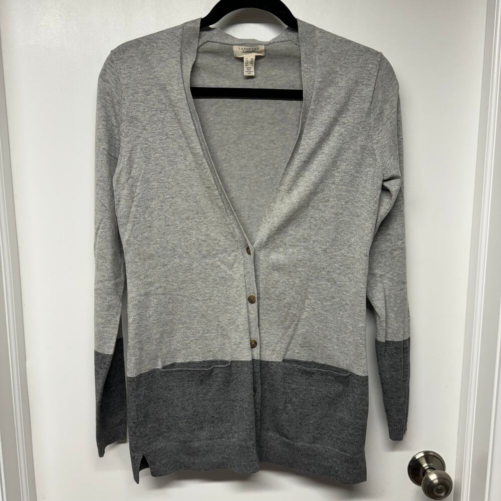 Lands End Canvas Gray Colorblock Button Up Cardigan Sweater Womens Size XS